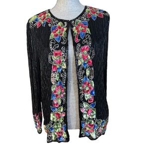 Sweelo Vintage Silk Sequin Beaded Jacket Party Holiday Evening Formal Black Tie